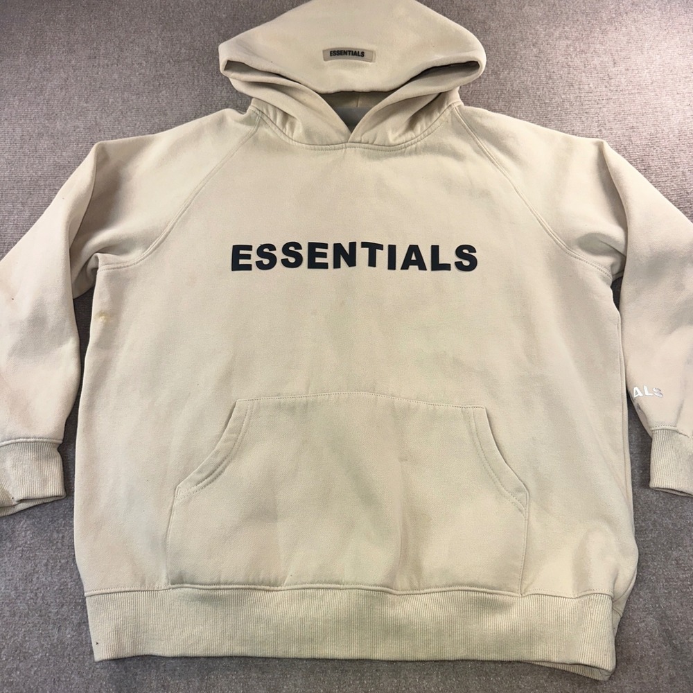 Fear of God Essentials Hoodie Tan Beige Logo Pullover Mens Medium M 100% Cotton
